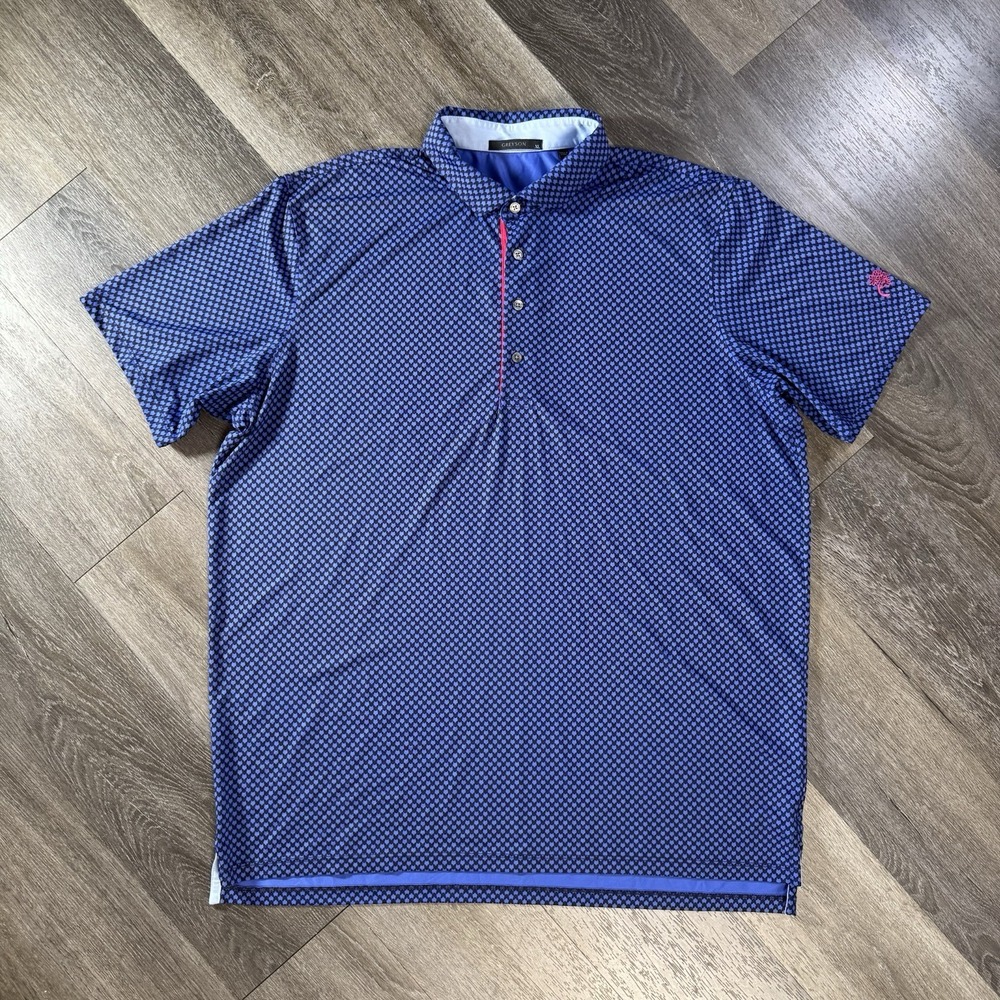 Greyson Performance Golf Polo Shirt AOP Wolf Logo Mens XL Stretch Blue Preppy